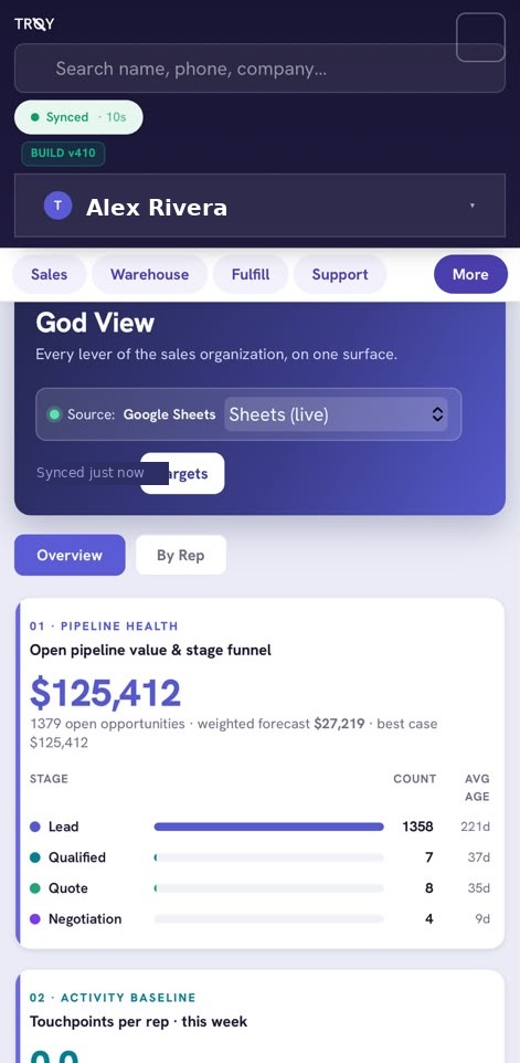 Command dashboard — live pipeline, revenue, and activity