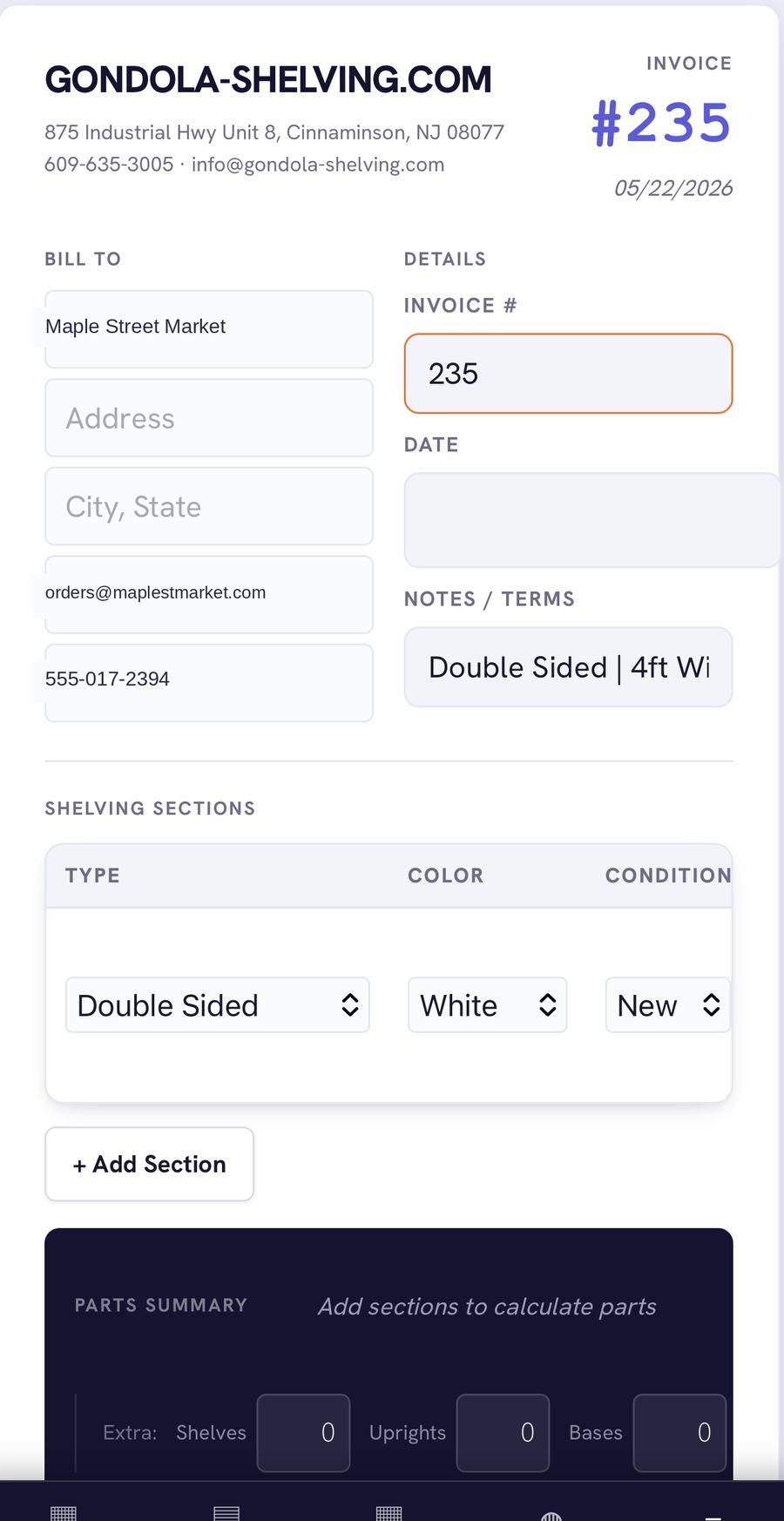 Invoice builder — bill-to details, invoice number, dates, and shelving sections with type, color, and condition