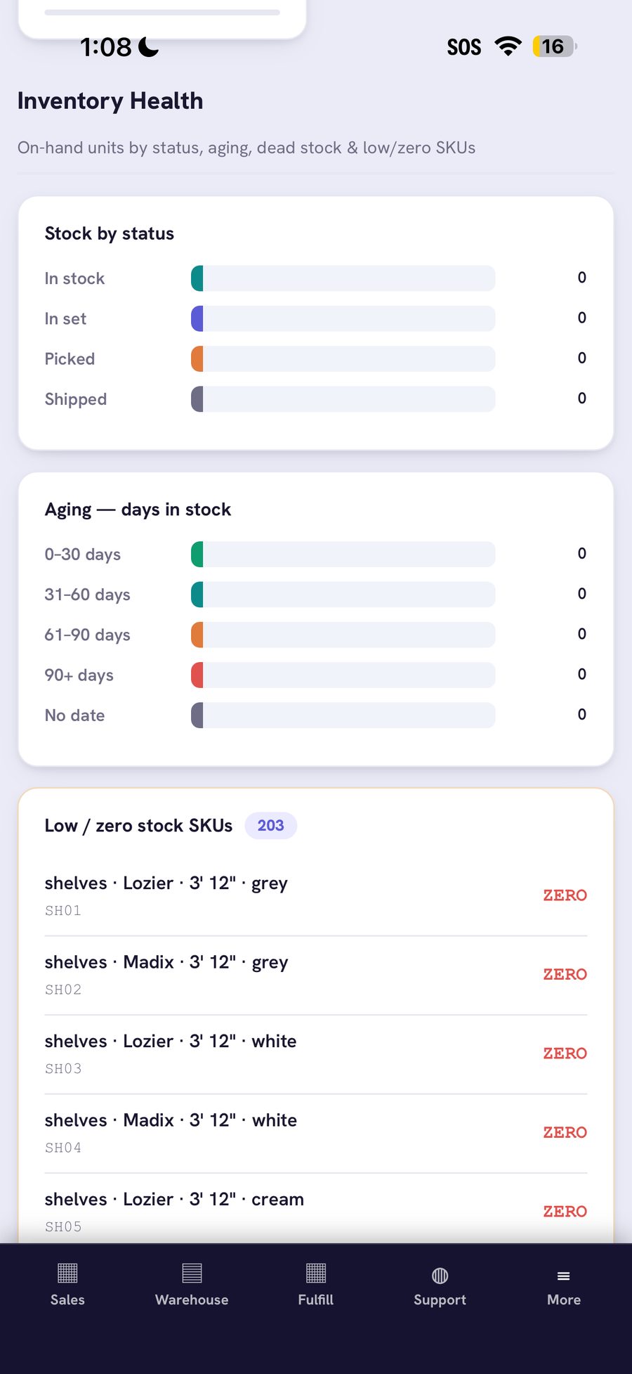 Inventory Health — on-hand units by status, aging breakdown, and low/zero-stock SKUs