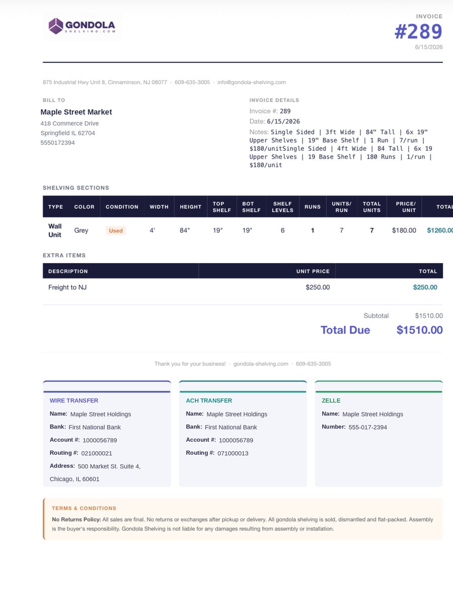 Branded invoice — line items, totals, and bank-transfer details generated from a won deal in one click