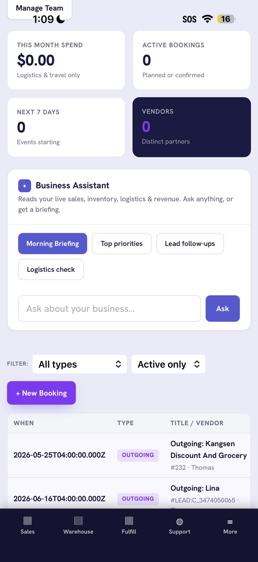 Business Assistant — reads live sales, inventory, logistics, and revenue with one-tap briefings