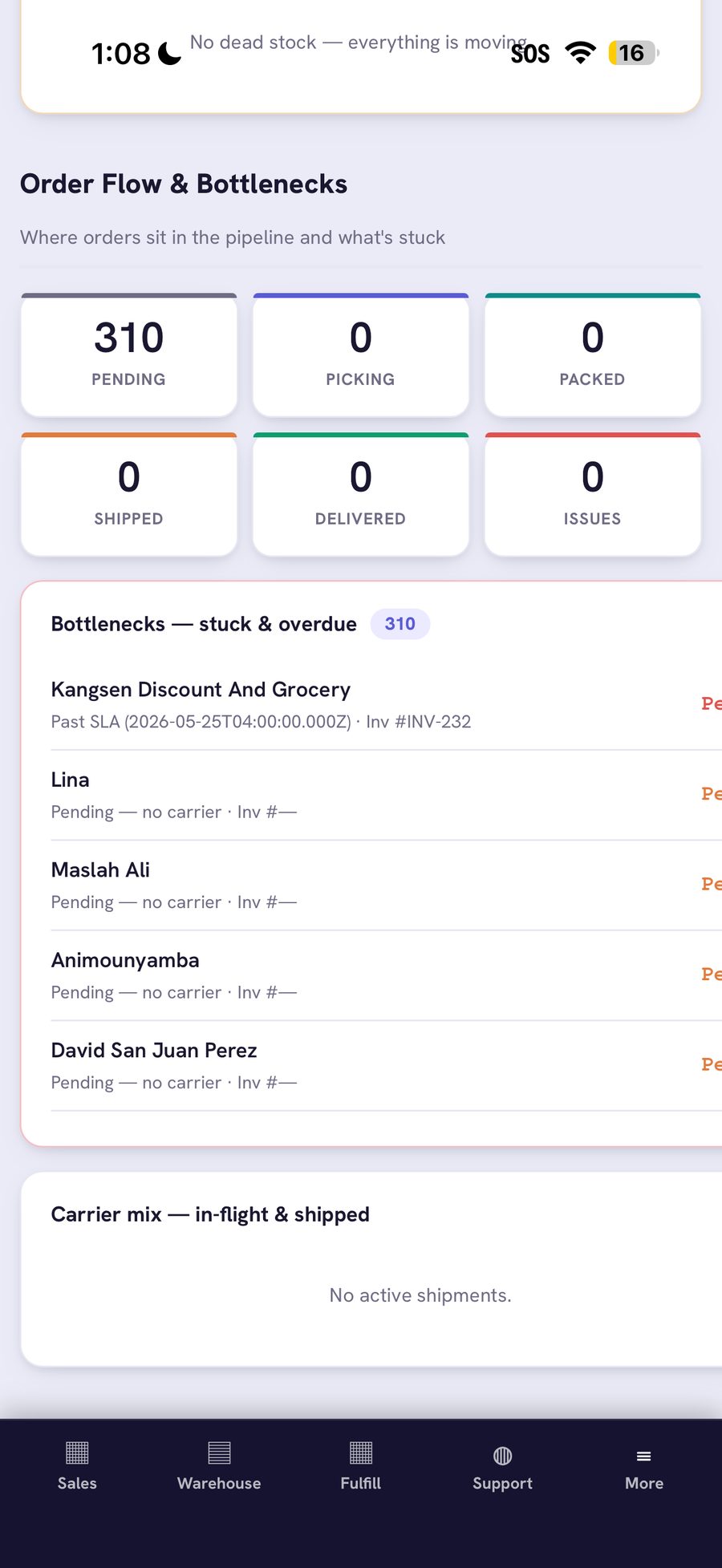 Order Flow & Bottlenecks — orders by stage with stuck and overdue shipments surfaced