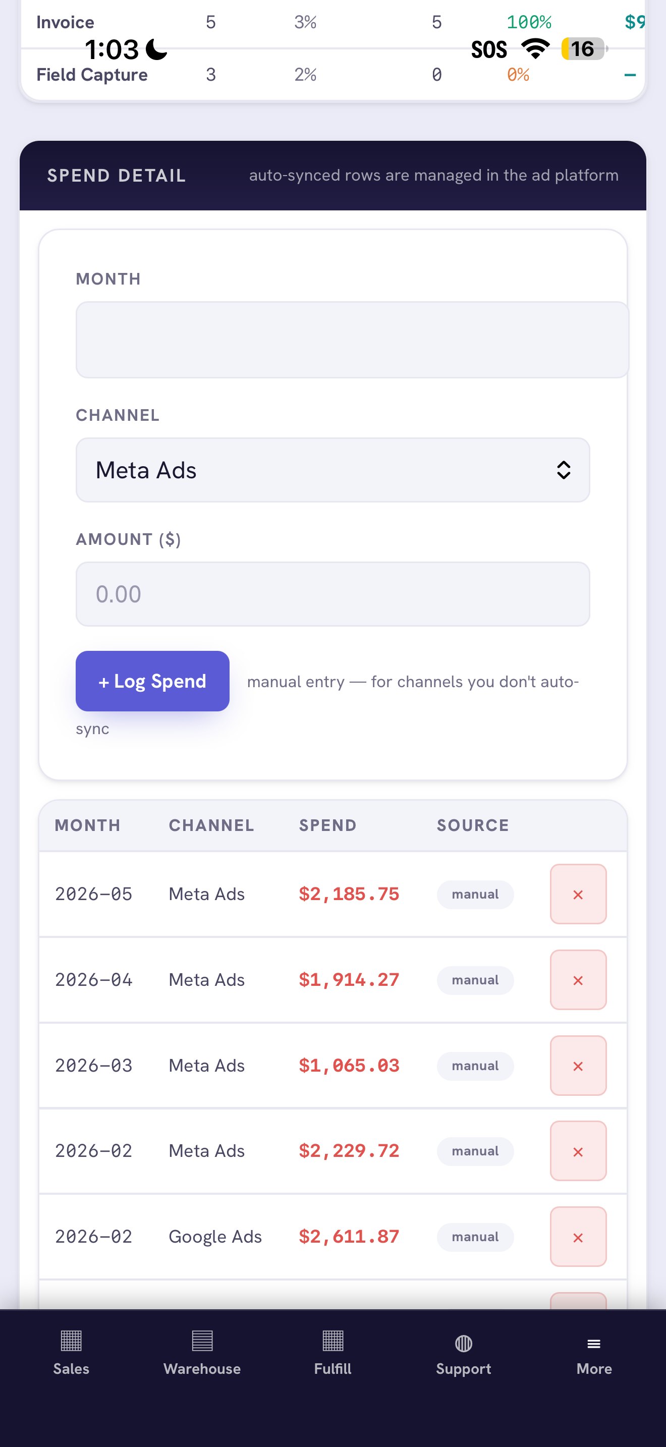 Spend detail — log manual ad spend per channel and month alongside auto-synced rows
