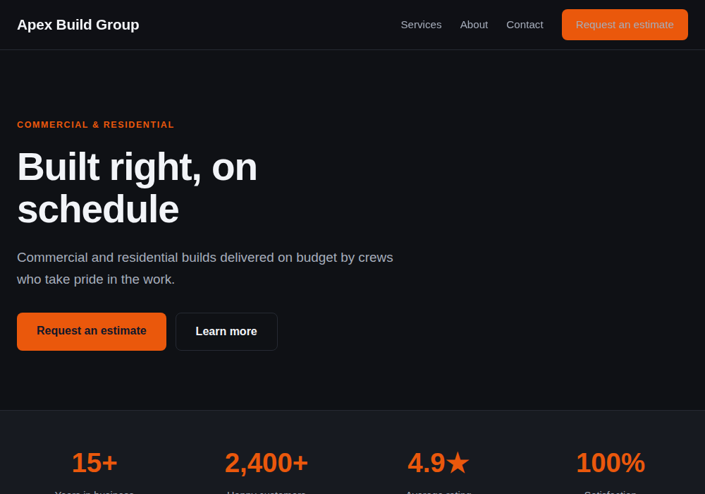 Construction website template built by Troy