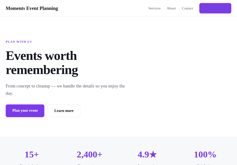 Events website template built by Troy