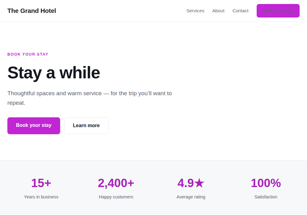 Restaurants & Hospitality website template built by Troy
