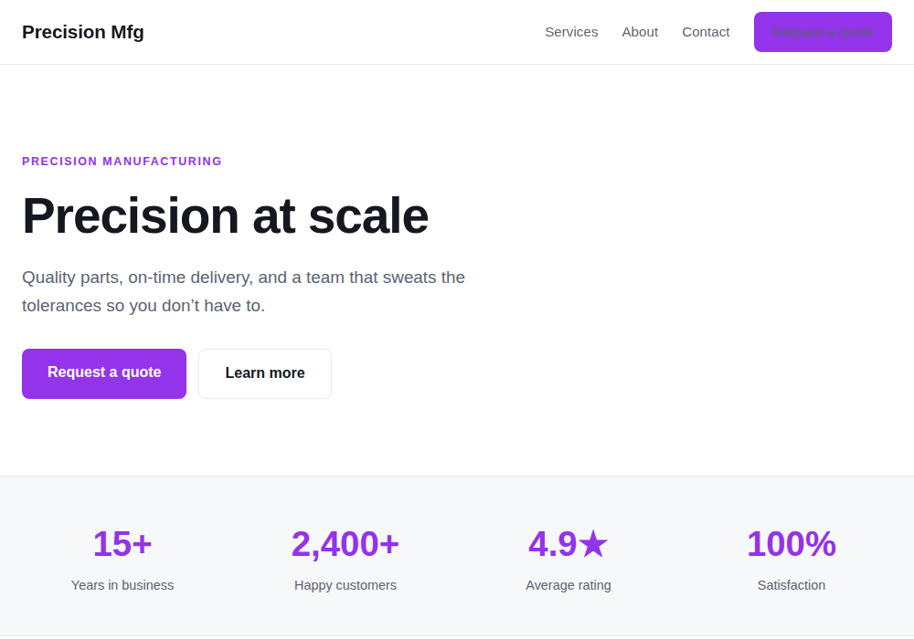 Manufacturing website template built by Troy